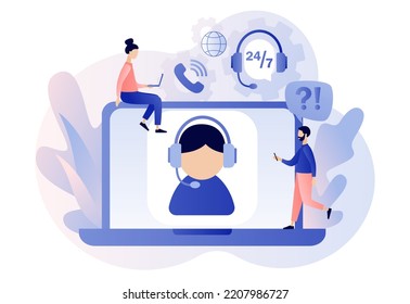 Customer service. Call center. Online support concept. Hotline operator in headset on laptop screen consults client. Modern flat cartoon style. Vector illustration on white background