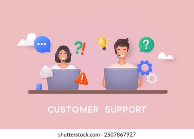 Customer service, call center. Online support center with person in headset with bubbles and laptop. 3D Web Vector Illustrations.