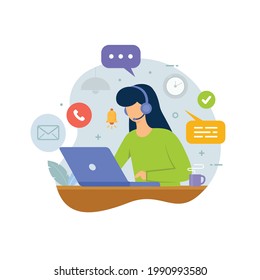Callcenter des Kundendienstes mit Personen, die Kopfhörer und Laptop verwenden, um Kunden-Vektorgrafik zu unterstützen