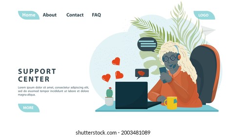 Customer service call center with people, a dark-skinned girl communicates on the phone working in support, for the design of web pages and mobile applications flat design
