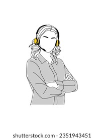 Customer service, call center representative. Hotline operator girl, online virtual assistant, office worker with headset. female character. Modern vector outline illustration isolated on white