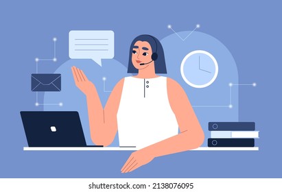 Customer service, call center, sales rep. Helpdesk operator with a laptop, technical support agent talking in headset. Contact us concept. Isolated flat vector illustration