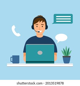 Customer service, call center, customer support concept vector illustration. Man staff working with laptop computer. Gamer or freelancer.