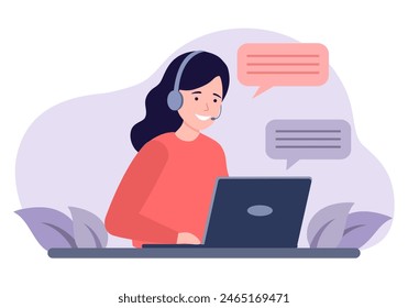 Customer service, call center, customer support concept vector illustration. Woman staff working with laptop computer.