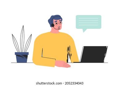 Customer service, call center, telemarketing. Happy smiling helpdesk operator, technical support agent in headset with microphone and laptop. Contact us concept. Isolated flat vector illustration