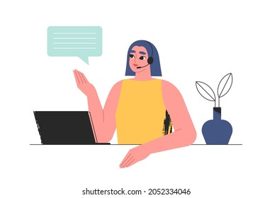 Customer service, call center, telemarketing. Happy smiling helpdesk operator, technical support agent in headset with microphone and laptop. Contact us concept. Isolated flat vector illustration