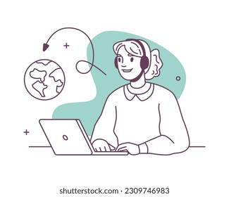 Servicio al cliente de atención al cliente, trabajador con laptop, cooperación mundial. Ilustración vectorial de la mujer con casco, agente de operador, representante auxiliar de línea de ayuda
