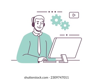 Customer service call center worker with laptop, setting information gears. Vector illustration of support call center member, operator agent character, helpline assistant representative