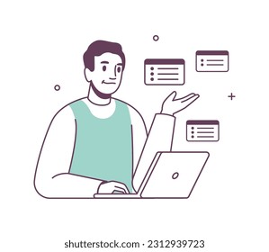 Customer service call center worker chart messages Vector illustration of man working on laptop, support center representative, operator agent, helpline assistant with text frames