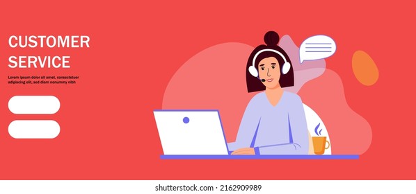 Customer service or call centre landing web page. Woman with headphones and microphone with laptop. Concept illustration for support, assistance. Vector illustration in flat style