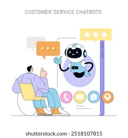 Customer Service Chatbots concept. Illustration of a man interacting with a digital assistant bot, indicating automated customer support. Online helpdesk efficiency. Vector illustration.