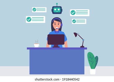 Servicio al cliente charlando con chatbot en el monitor del equipo. Concepto de vector de chatbot