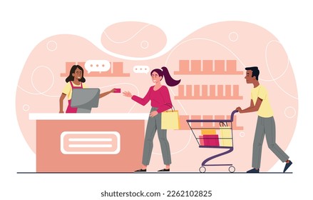 Customer service at checkout. Man with basket and woman buy goods in supermarket, pay at terminal, give money to cashier. Routine and household chores, grocery store. Cartoon flat vector illustration