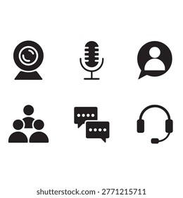 Customer Service and Communication Icons, User Support Chat Microphone Headset Solid Black Vector Set