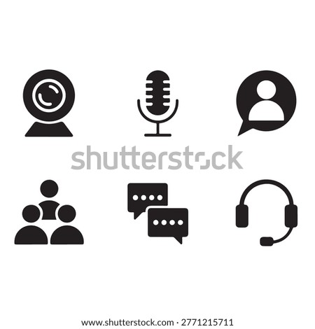 Customer Service and Communication Icons, User Support Chat Microphone Headset Solid Black Vector Set