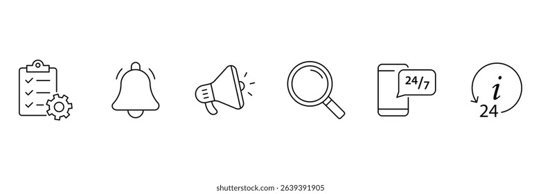 Customer service communication support tools notification alert search help setting assistance icon vector illustration in modern outline style.