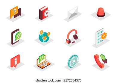 Customer Service Concept 3d Isometric Icons Set. Pack Isometry Elements Of Information, Question, Tech Support, Letter, Headset, Call, Feedback And Other. Vector Illustration For Modern Web Design