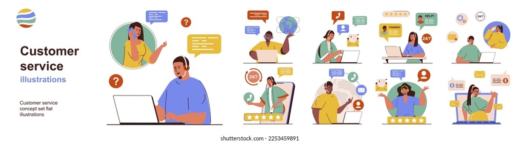 Customer service concept with character situations collection. Bundle of scenes people answer calls and messages, find solutions to problems, consult online. Vector illustrations in flat web design