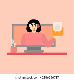 Customer Service concept design, Operator with headset doing live feedback. Vector Illustration