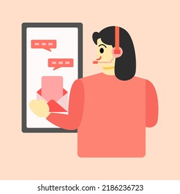 Diseño de concepto de servicio al cliente, Operador con auriculares haciendo comentarios en directo. Ilustración vectorial