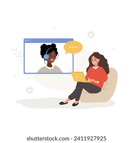 Customer service concept. Female client with laptop talking to online support. Call center or hotline. Vector illustration in flat cartoon style.