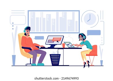 Concepto de servicio al cliente en diseño de dibujos animados planos. Hombres y mujeres con auriculares en línea directa. Los operadores responden a los clientes que llaman y resuelven problemas. Ilustración vectorial con escena de personas para web