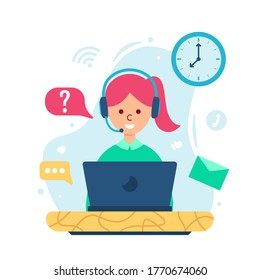 Kundenservice-Konzept in flachem Design - Illustratorin mit Kopfhörer und Mikrofon mit Laptop