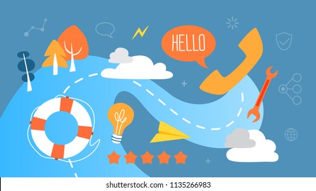Customer service concept. Idea of operator working in a call center and taking phone calls or helping customers online and giving the problem solution. Abstract flat vector illustration