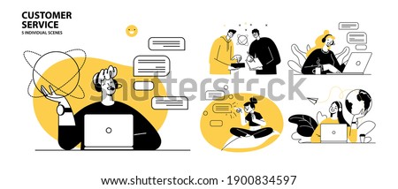 Customer service concept illustrations. Collection of individual scenes for technical support assistant, customer and operator vector. Customer service, hotline operator advises customer, online