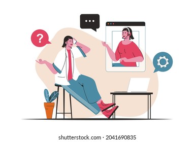 Concepto de servicio al cliente aislado. Asistencia técnica, consultas de línea directa en centros de llamadas. Escena de personas en diseño de dibujos animados planos. Ilustración vectorial para blogs, sitio web, aplicación móvil, materiales promocionales.