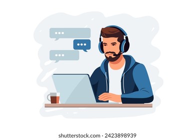 Customer service concept. Man with headphones and microphone with laptop. Support, assistance, call center. Vector illustration. Flat style