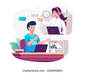 Concepto de servicio al cliente con un hombre sentado en su laptop y hablando con un servicio de asistencia a una mujer de un centro de llamadas. Contáctenos, operador de línea directa. Ilustración vectorial en estilo plano
