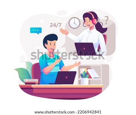 Customer service concept with a man sitting at his laptop and talking with a call center woman support. Contact us, Hotline operator. Vector illustration in flat style