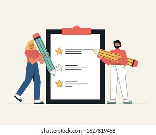 Customer service concept. Man and women hold giant pencils in their hands and leave a review. Customer feedback online review. Flat vector illustration isolated on white background.