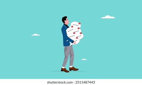 customer service concept, managing customer chat manually, man overwhelmed with carrying big speech bubble with lots of notifications
