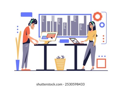 Customer service concept in modern flat cartoon design for web. Man and woman in headsets working in client support, answering calls and messages, helping with tech problems. Vector illustration.