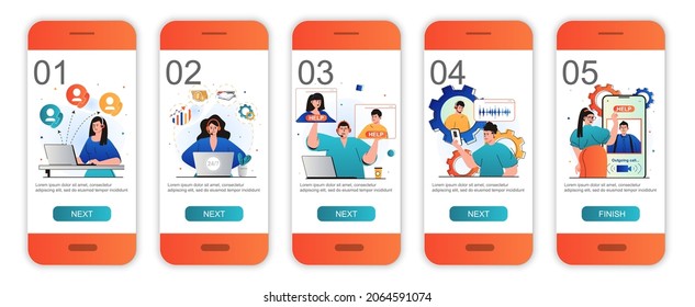 Customer service concept onboarding screens for mobile app templates. Answer calls and messages. Modern UI, UX, GUI screens user interface kit with people scenes for web design. Vector illustration