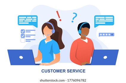 Customer Service concept with online personnel working on laptops taking calls and answering queries, colored vector illustration