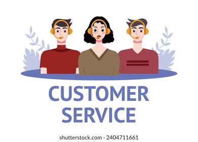 Customer service concept. People with headsets. Vector illustration in flat style