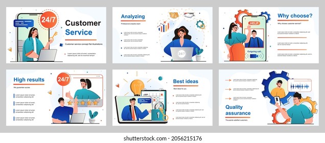 Customer service concept for presentation slide template. Operators answer calls and messages around the clock, consult people and solve technical issues. Vector illustration for layout design