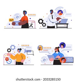 Customer service concept scenes set. People in headsets consult customers, solve technical issues, answers calls and messages around the clock. Vector illustration collection in trendy flat design