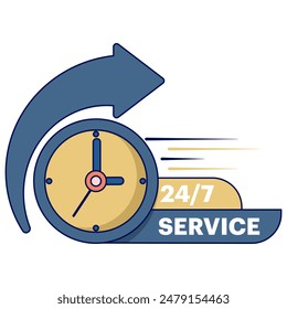 Concepto de Servicio al cliente, servicio de Clientes todos los días, 24 7 horas de servicio en estilo plano. Concepto de negocio de signo de tiempo de servicio rápido. Ilustración vectorial de negocios y servicio todo el día sobre fondo aislado