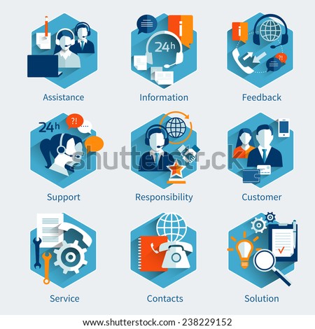 Customer service concept set with assistance information feedback decorative icons isolated vector illustration