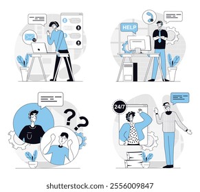 Customer service concept set in flat design for web. Collection with people answering clients calling, chatting online and helping, consulting online, solving technical problems. Vector illustrations.