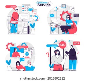 Customer service concept set. Operators answer calls and messages, help customers. People isolated scenes in flat design. Vector illustration for blogging, website, mobile app, promotional materials.