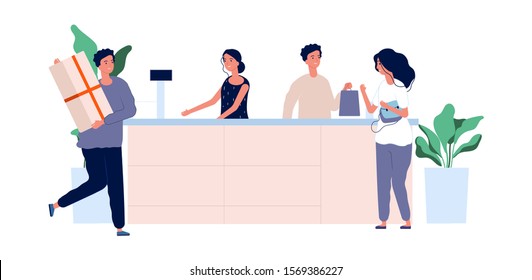 Customer service concept. Shoppers with products standing at counter. Vector store team male female flat characters