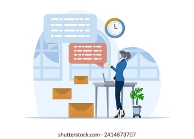 Concepto de servicio al cliente, personal del departamento de atención al cliente, agente de telemarketing, centro de llamadas, 24 soporte técnico global en línea. Los operadores de línea directa notifican a los clientes. vector plano de línea directa.