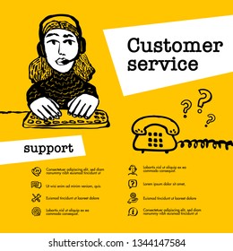 Customer service concept. Support operator chat. Web banner with female character with a headset on yellow background. Doodle ink style vector illustration