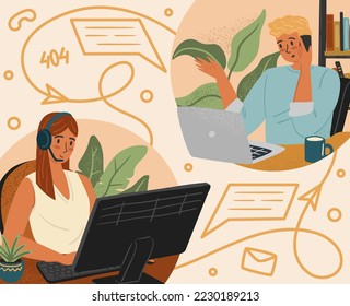 Customer service concept vector illustration. Woman with headset working with computer and talking with customer. Call center support, online live assistance. Office and business communication