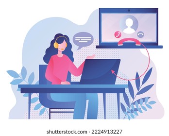 Customer service concept. Woman in headphones sits at laptop and answers users questions. Hotline and call center employee. FAQ and technical support metaphor. Cartoon flat vector illustration